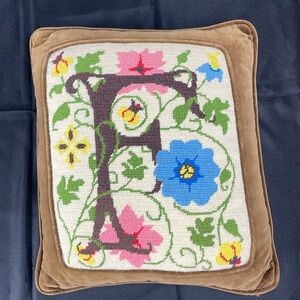 Vintage cross stitch monogram F throw pillow brown floral leaves pink green